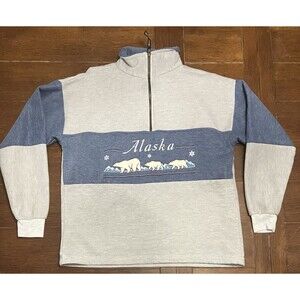 Vintage Made In USA Alaska Grey And Blue 1/4 Zip Jacket VTG Tourist Rare